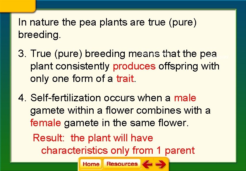 In nature the pea plants are true (pure) breeding. 3. True (pure) breeding means