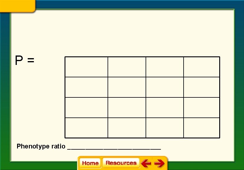 P= Phenotype ratio _____________ P= Phenotype ratio _____________