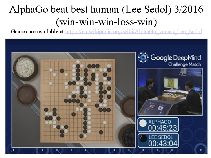 Alpha. Go beat best human (Lee Sedol) 3/2016 (win-win-loss-win) Games are available at https: