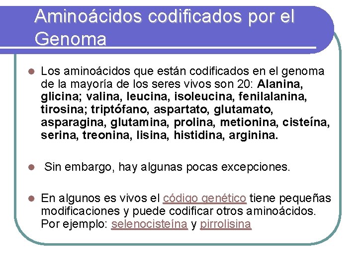 Aminoácidos codificados por el Genoma l Los aminoácidos que están codificados en el genoma