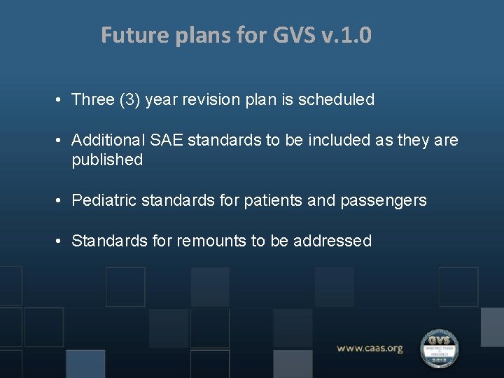 Future plans for GVS v. 1. 0 • Three (3) year revision plan is