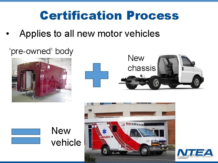 Certification Process • Applies to all new motor vehicles ‘pre-owned’ body New vehicle New