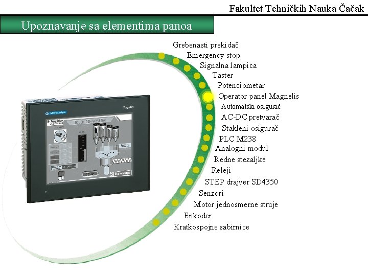 Fakultet Tehničkih Nauka Čačak Upoznavanje sa elementima panoa Grebenasti prekidač Emergency stop Signalna lampica