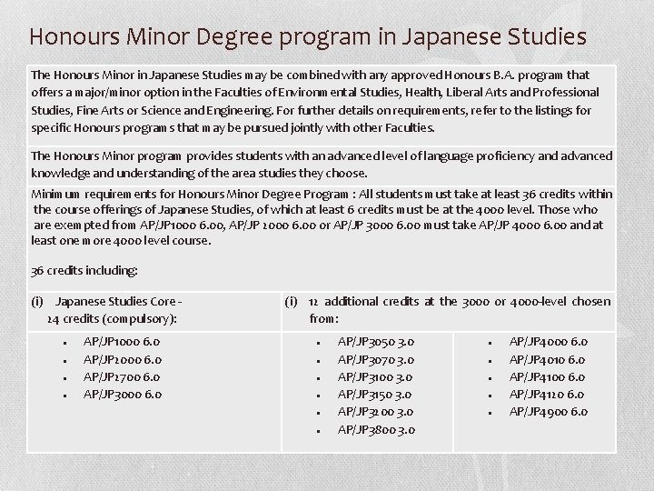 Honours Minor Degree program in Japanese Studies The Honours Minor in Japanese Studies may