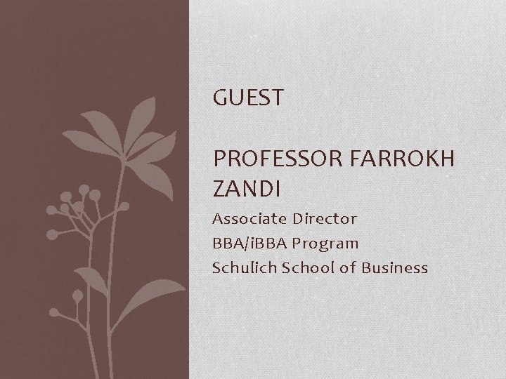 GUEST PROFESSOR FARROKH ZANDI Associate Director BBA/i. BBA Program Schulich School of Business 