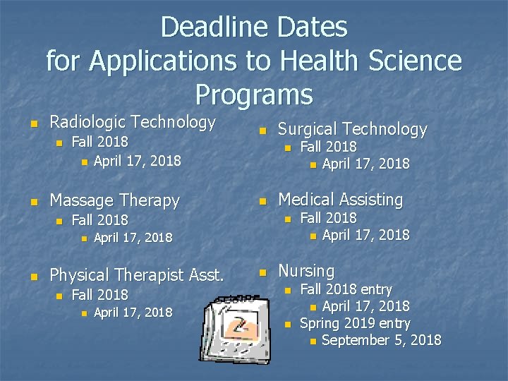 Deadline Dates for Applications to Health Science Programs n Radiologic Technology n n Fall