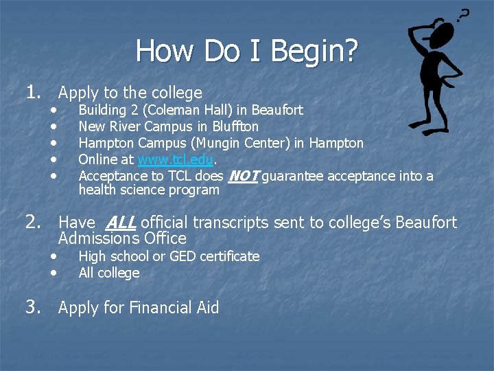 How Do I Begin? 1. Apply to the college • • • Building 2