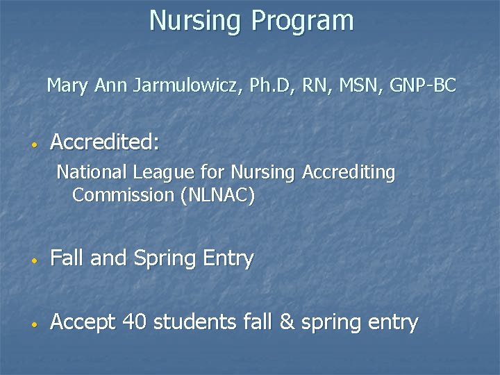 Nursing Program Mary Ann Jarmulowicz, Ph. D, RN, MSN, GNP-BC • Accredited: National League