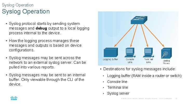 Syslog Operation § Syslog protocol starts by sending system messages and debug output to