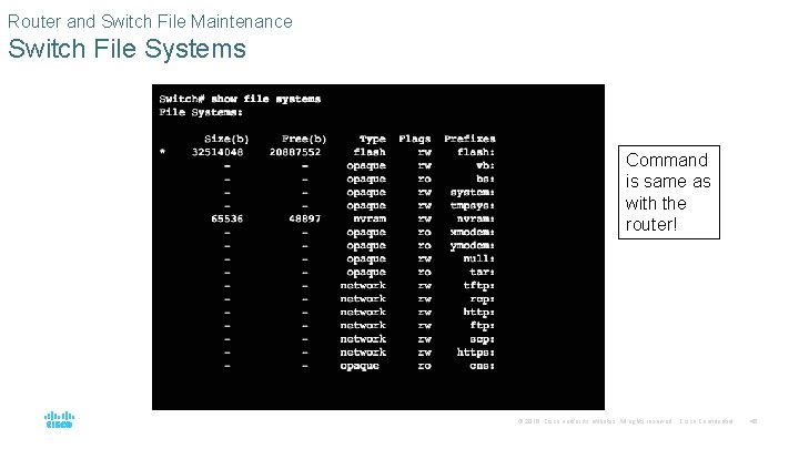 Router and Switch File Maintenance Switch File Systems Command is same as with the