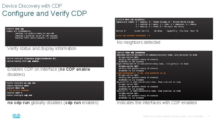 Device Discovery with CDP Configure and Verify CDP No neighbors detected Verify status and