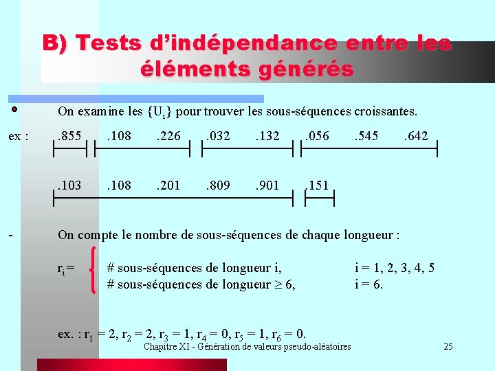 B) Tests d’indépendance entre les éléments générés On examine les {Ui} pour trouver les