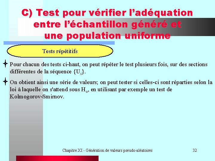 C) Test pour vérifier l’adéquation entre l’échantillon généré et une population uniforme Tests répétitifs