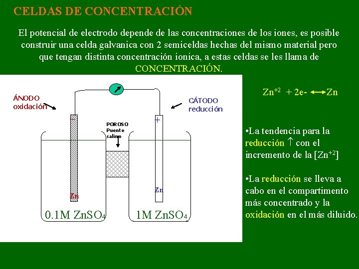 CELDAS DE CONCENTRACIÓN El potencial de electrodo depende de las concentraciones de los iones,