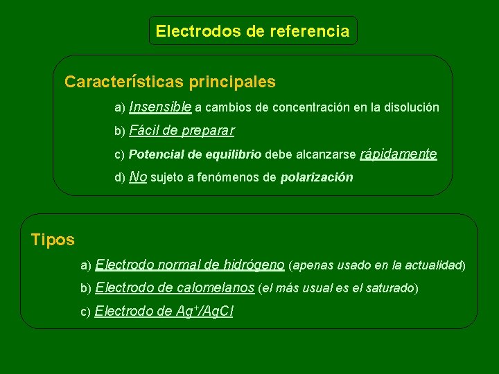 Electrodos de referencia Características principales a) Insensible a cambios de concentración en la disolución