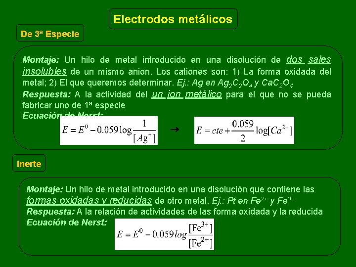 Electrodos metálicos De 3ª Especie Montaje: Un hilo de metal introducido en una disolución