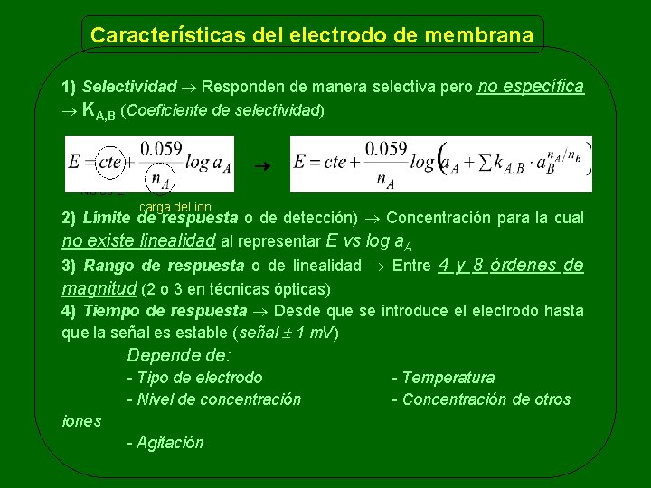 Características del electrodo de membrana 1) Selectividad Responden de manera selectiva pero no específica