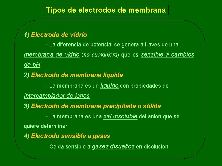 Tipos de electrodos de membrana 1) Electrodo de vidrio - La diferencia de potencial