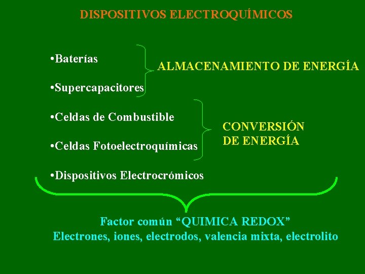 DISPOSITIVOS ELECTROQUÍMICOS • Baterías ALMACENAMIENTO DE ENERGÍA • Supercapacitores • Celdas de Combustible •