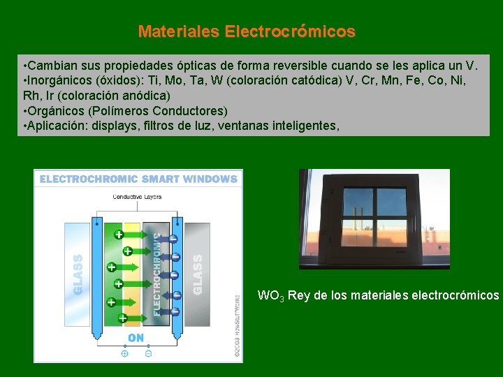 Materiales Electrocrómicos • Cambian sus propiedades ópticas de forma reversible cuando se les aplica