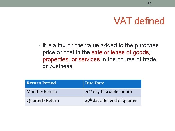 47 VAT defined • It is a tax on the value added to the 47 VAT defined • It is a tax on the value added to the
