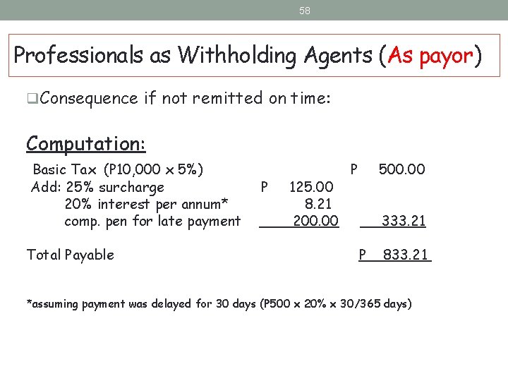 58 Professionals as Withholding Agents (As payor) q. Consequence if not remitted on time: 58 Professionals as Withholding Agents (As payor) q. Consequence if not remitted on time: