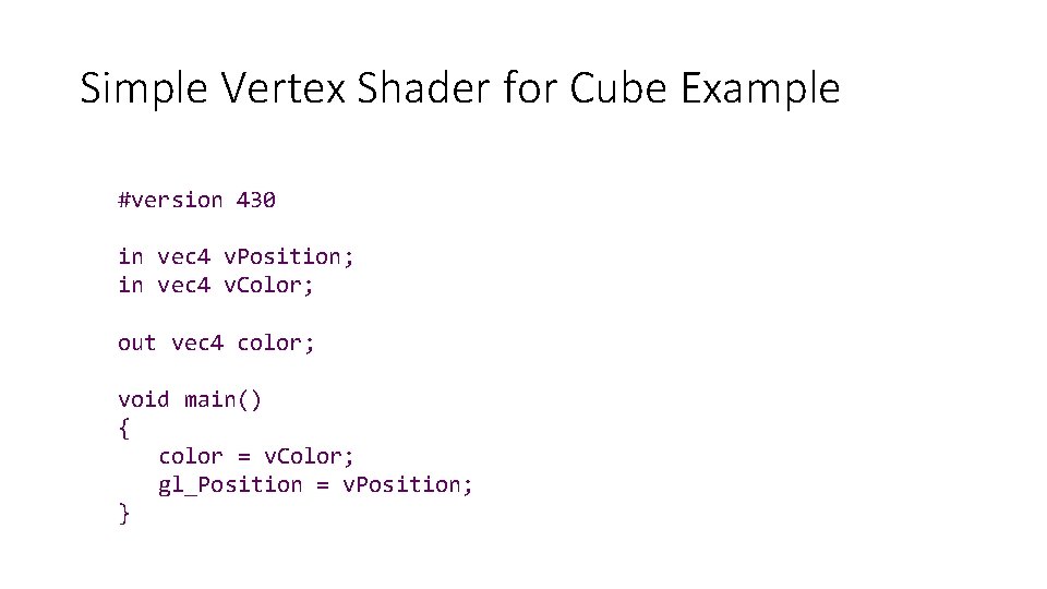 Simple Vertex Shader for Cube Example #version 430 in vec 4 v. Position; in
