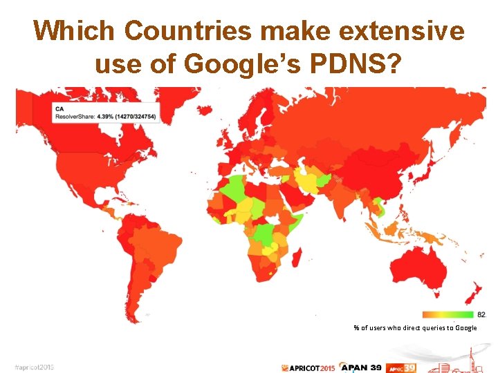 Which Countries make extensive use of Google’s PDNS? % of users who direct queries