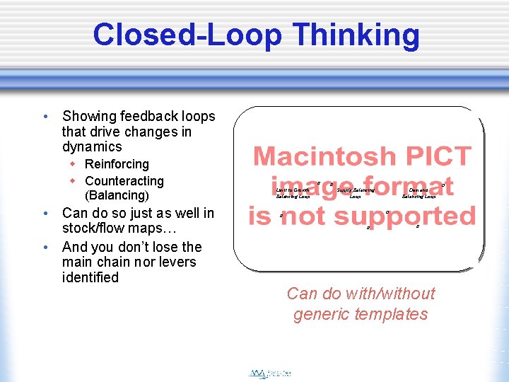 Closed-Loop Thinking • Showing feedback loops that drive changes in dynamics w Reinforcing w