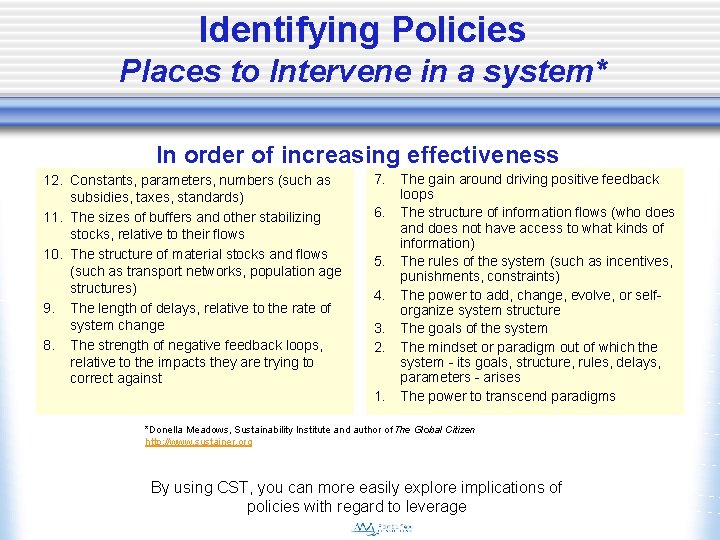 Identifying Policies Places to Intervene in a system* In order of increasing effectiveness 12.