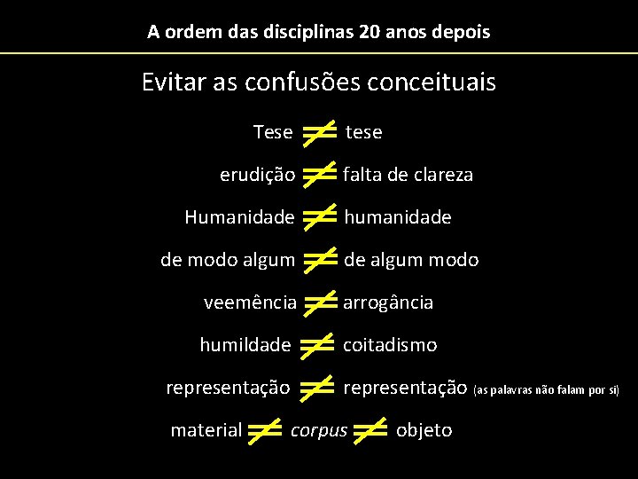 A ordem das disciplinas 20 anos depois Evitar as confusões conceituais Tese tese erudição