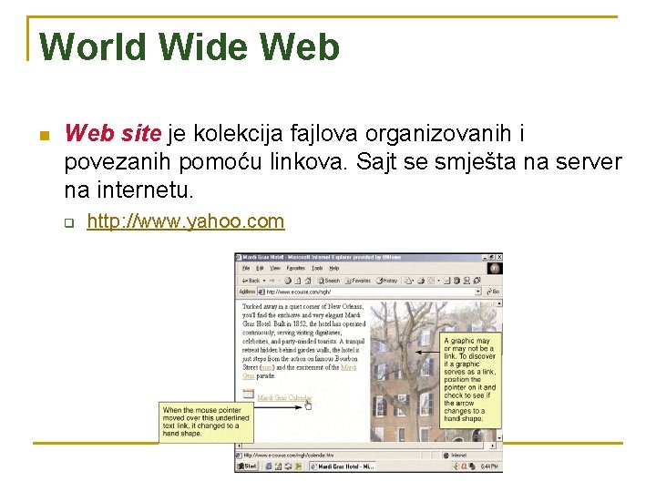 World Wide Web n Web site je kolekcija fajlova organizovanih i povezanih pomoću linkova.