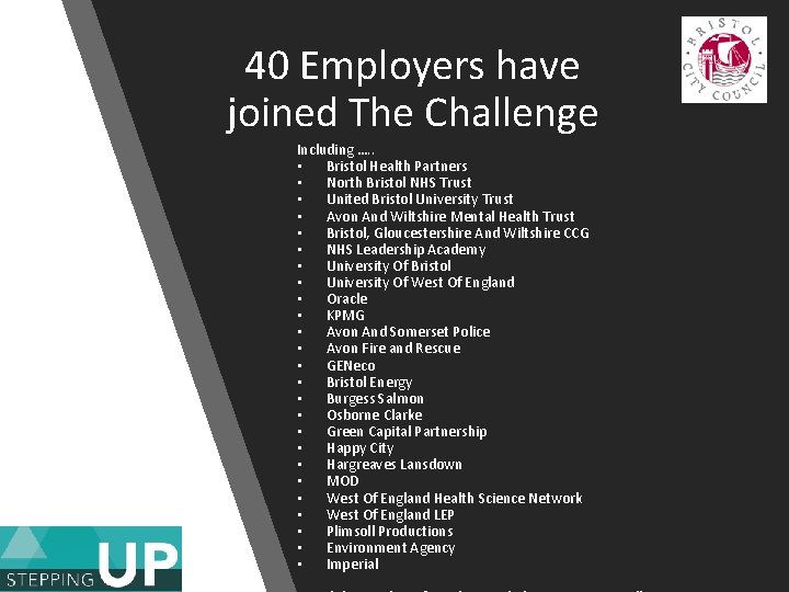 40 Employers have joined The Challenge Including …. . • Bristol Health Partners •