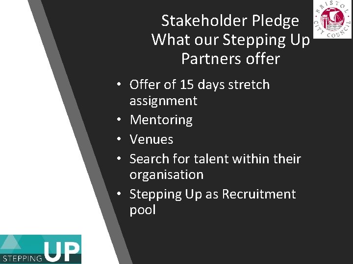 Stakeholder Pledge What our Stepping Up Partners offer • Offer of 15 days stretch