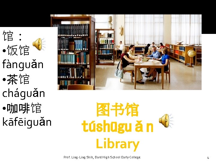 馆： • 饭馆 fànguǎn • 茶馆 cháguǎn • 咖啡馆 kāfēiguǎn 图书馆 túshūguǎn Library Prof.