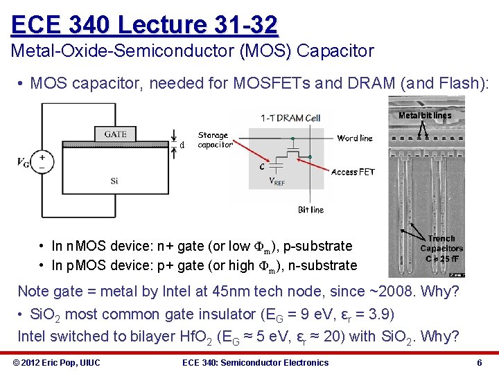 ECE 340 Lecture 31 -32 Metal-Oxide-Semiconductor (MOS) Capacitor • MOS capacitor, needed for MOSFETs