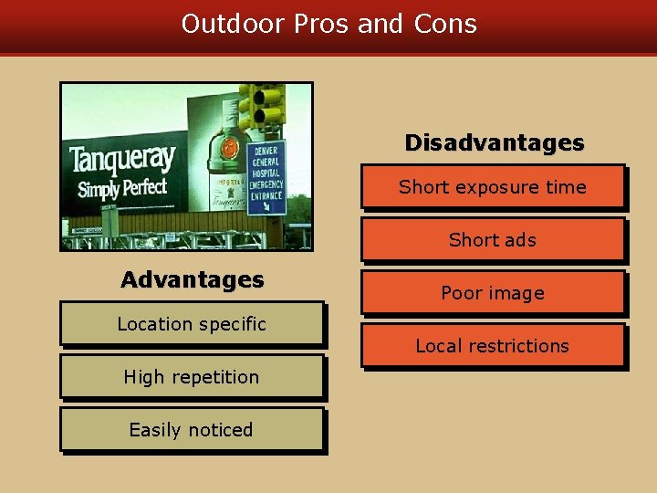 Outdoor Pros and Cons Disadvantages Short exposure time Short ads Advantages Location specific High Outdoor Pros and Cons Disadvantages Short exposure time Short ads Advantages Location specific High
