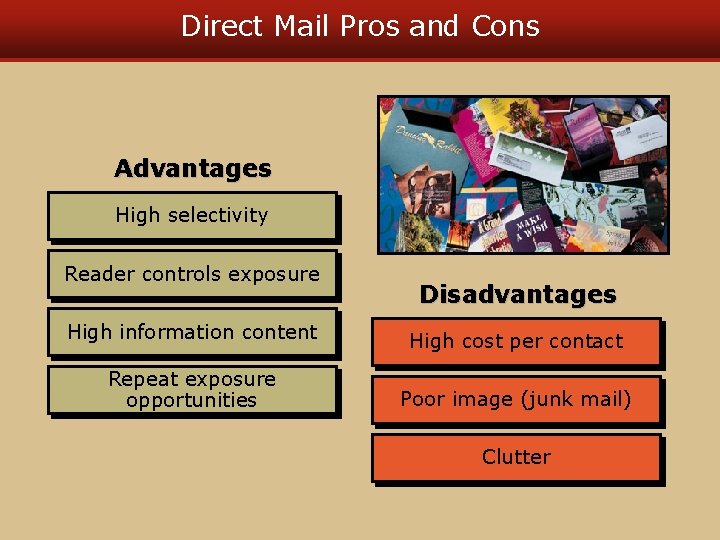 Direct Mail Pros and Cons Advantages High selectivity Reader controls exposure Disadvantages High information Direct Mail Pros and Cons Advantages High selectivity Reader controls exposure Disadvantages High information