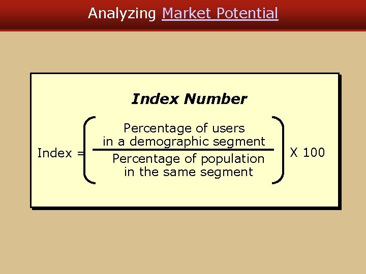 Analyzing Market Potential Index Number Index = Percentage of users in a demographic segment Analyzing Market Potential Index Number Index = Percentage of users in a demographic segment
