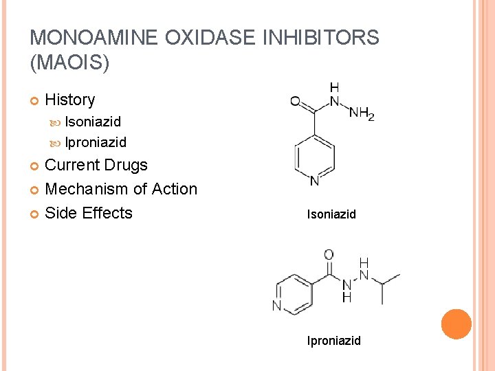 MONOAMINE OXIDASE INHIBITORS (MAOIS) History Isoniazid Iproniazid Current Drugs Mechanism of Action Side Effects