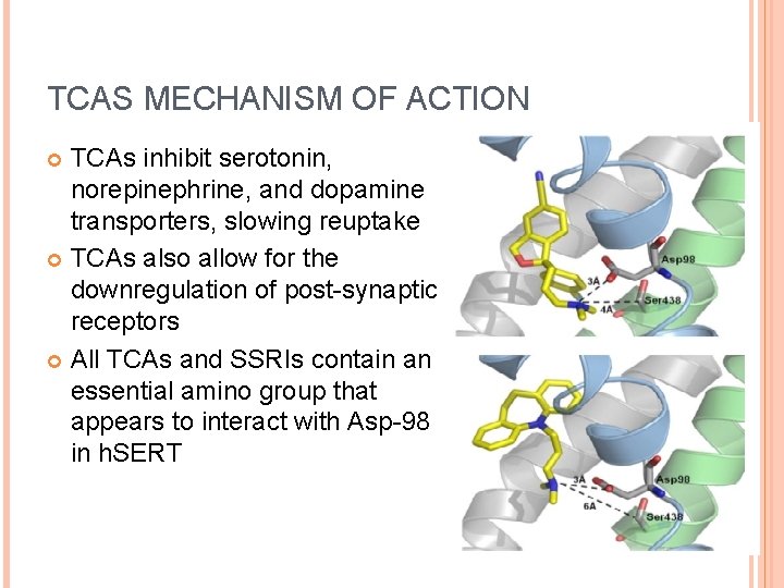 TCAS MECHANISM OF ACTION TCAs inhibit serotonin, norepinephrine, and dopamine transporters, slowing reuptake TCAs
