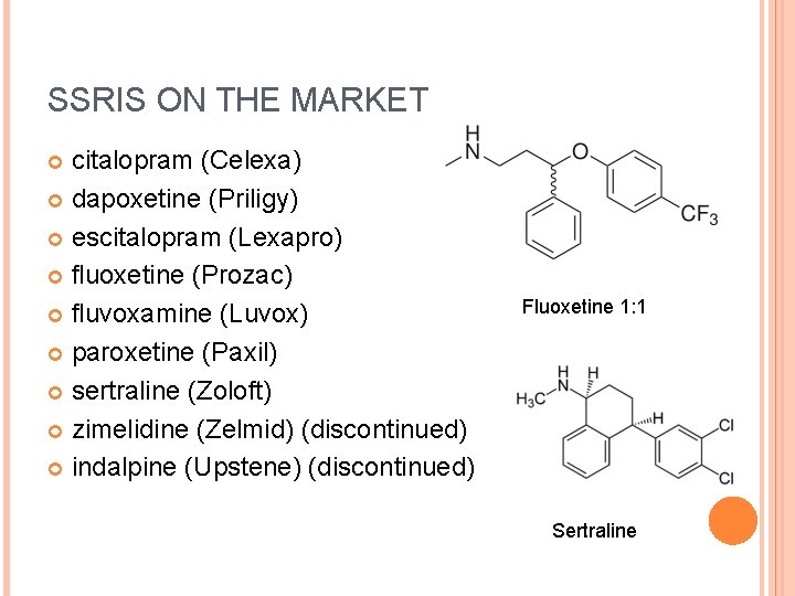 SSRIS ON THE MARKET citalopram (Celexa) dapoxetine (Priligy) escitalopram (Lexapro) fluoxetine (Prozac) fluvoxamine (Luvox)
