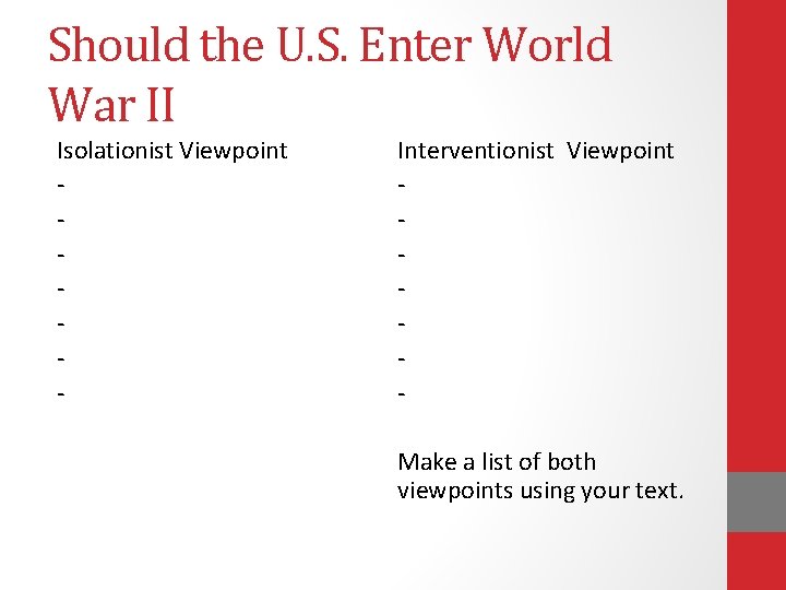 Should the U. S. Enter World War II Isolationist Viewpoint - Interventionist Viewpoint Make