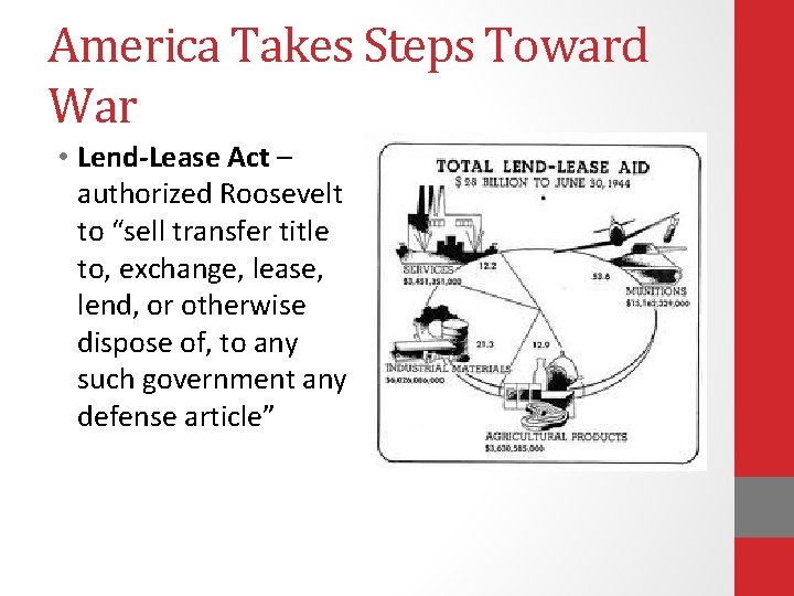 America Takes Steps Toward War • Lend-Lease Act – authorized Roosevelt to “sell transfer