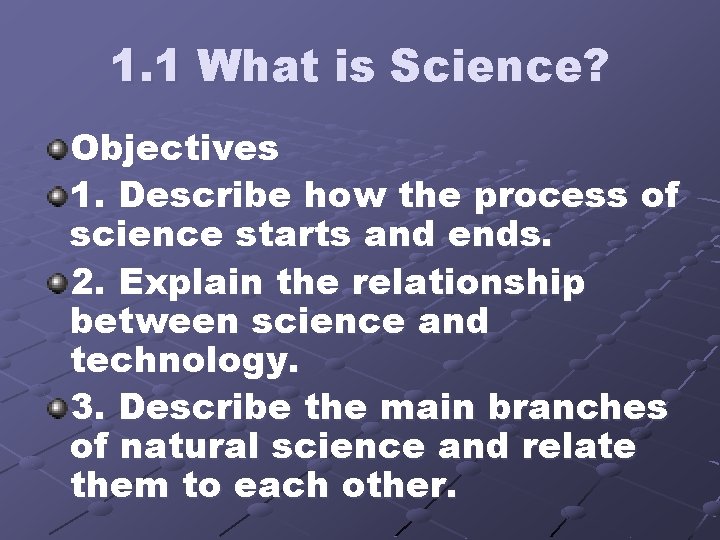 1. 1 What is Science? Objectives 1. Describe how the process of science starts