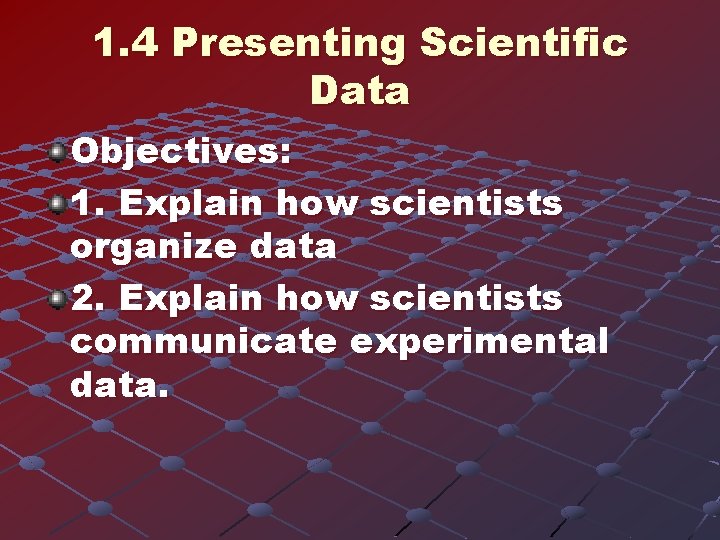 1. 4 Presenting Scientific Data Objectives: 1. Explain how scientists organize data 2. Explain