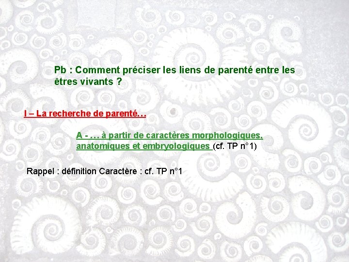 Pb : Comment préciser les liens de parenté entre les êtres vivants ? I