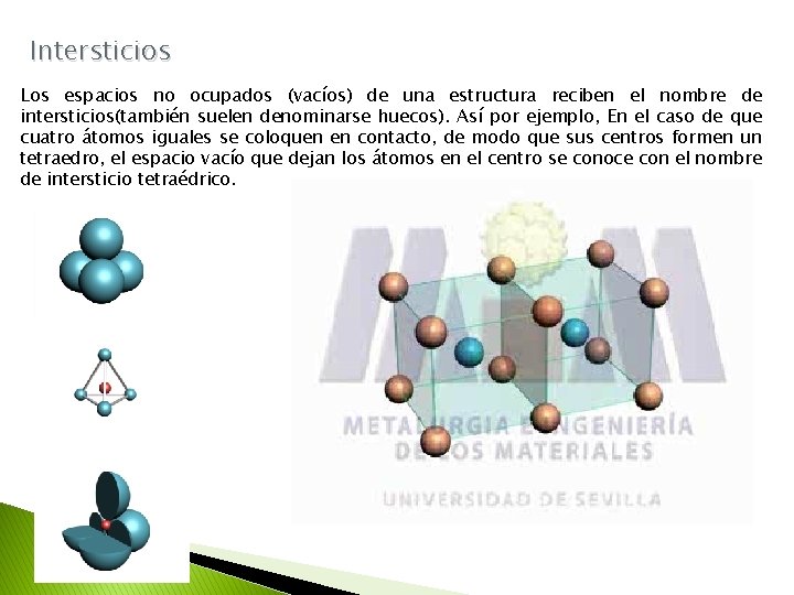 Intersticios Los espacios no ocupados (vacíos) de una estructura reciben el nombre de intersticios(también Intersticios Los espacios no ocupados (vacíos) de una estructura reciben el nombre de intersticios(también