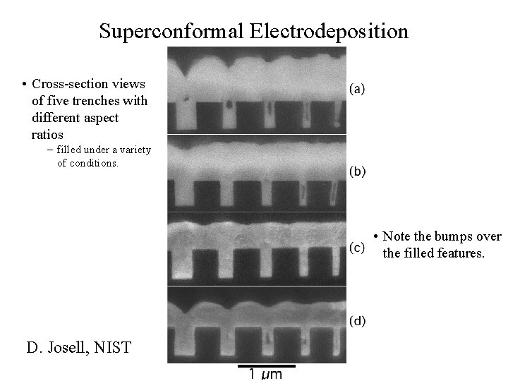 Superconformal Electrodeposition • Cross-section views of five trenches with different aspect ratios – filled Superconformal Electrodeposition • Cross-section views of five trenches with different aspect ratios – filled