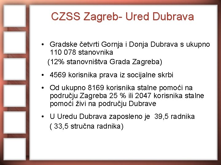 CZSS Zagreb- Ured Dubrava • Gradske četvrti Gornja i Donja Dubrava s ukupno 110